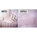 Antes e depois de box de banheiro com rejunte manchado e depois renovado
