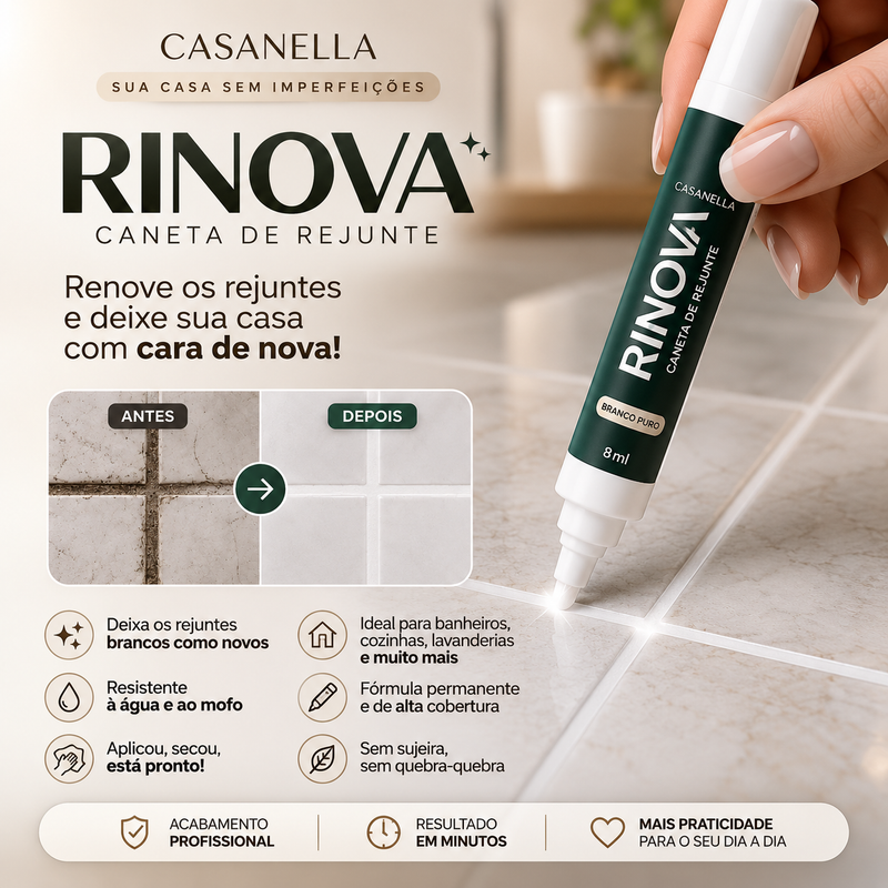 Caneta de rejunte Rinova da Casanella com antes e depois e principais beneficios